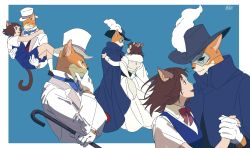 Rule 34 | animal ears, bad id, bad pixiv id, blue background, cane, cat ears, cat tail, formal, furry, furry male, gloves, hat, highres, karmaho, looking at another, neko no ongaeshi, simple background, smile, studio ghibli, tail, the baron, variations, white gloves, yoshioka haru