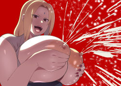 Rule 34 | 1girl, bare arms, blonde hair, breasts, breasts out, facial mark, female focus, forehead mark, grabbing own breast, hands up, highres, huge breasts, lactation, large areolae, long hair, looking at viewer, milk, nail polish, naruto (series), nipples, open mouth, red background, grabbing own breast, simple background, sleeveless, smile, solo, tetrodotoxin, tsunade (naruto), upper body, yellow eyes