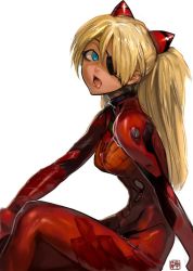 Rule 34 | 10s, 1girl, evangelion: 3.0 you can (not) redo, eyepatch, from side, hair between eyes, hair over one eye, jintetsu, long hair, neon genesis evangelion, orange hair, parted bangs, plugsuit, rebuild of evangelion, simple background, sitting, skin tight, solo, souryuu asuka langley, tongue, two side up, white background