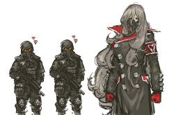 Rule 34 | 1girl, 2boys, armband, breasts, coat, gas mask, gloves, glowing, glowing eyes, gun, heart, helghast, helmet, highres, killzone, large breasts, long hair, mask, military, military uniform, multiple boys, nameo (judgemasterkou), oxygen mask, red gloves, rifle, silver hair, soldier, trench coat, uniform, weapon
