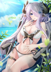 Rule 34 | 1girl, :o, absurdres, bikini, blue eyes, blue sky, breasts, chair, cloud, day, double bun, draph, finger to mouth, granblue fantasy, hair over one eye, highres, horns, huge filesize, large breasts, leaf, light purple hair, light rays, long hair, looking at viewer, narmaya (granblue fantasy), narmaya (summer) (granblue fantasy), outdoors, pointy ears, sitting, sky, solo, sukuemon, sunbeam, sunlight, swimsuit, white bikini