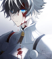 Rule 34 | 1boy, armor, black hair, blood, blood on armor, blood on chest, blood on clothes, blood on face, breastplate, charlemagne (fate), expressionless, fate/grand order, fate (series), highres, idass (idass16), knight, looking ahead, male focus, multicolored hair, parted lips, pauldrons, scratches, short hair, shoulder armor, simple background, solo, streaked hair, two-tone hair, white background, white hair