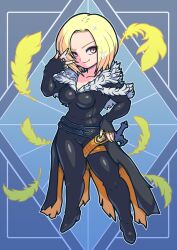 Rule 34 | 1girl, benedikta harman, blonde hair, bodysuit, breasts, closed mouth, feather collar, feathers, final fantasy, final fantasy xvi, full body, fur collar, fur trim, gloves, hand on own hip, highres, leather, leather vest, looking at viewer, low neckline, medium breasts, seidou-majin, shiny clothes, short hair, skin tight, smile, solo, sparkle, standing, sword, v, weapon, yellow eyes, yellow feathers