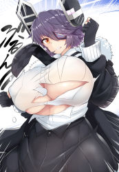 Rule 34 | 1girl, black gloves, breasts, bursting breasts, buttons, checkered clothes, checkered necktie, checkered neckwear, clenched teeth, commentary request, covered erect nipples, eyepatch, fur trim, gloves, headgear, highres, huge breasts, jacket, kantai collection, long sleeves, looking at viewer, mizuyan, necktie, no bra, parted lips, partially fingerless gloves, purple hair, shiny skin, shirt, short hair, skirt, solo, standing, teeth, tenryuu (kancolle), tenryuu kai ni (kancolle), torn clothes, torn shirt, underboob, white shirt, yellow eyes