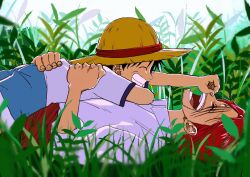 Rule 34 | 2boys, aged down, black hair, child, closed eyes, commentary, facial hair, grass, grin, happy, hat, highres, keppon, laughing, male focus, monkey d. luffy, multiple boys, one piece, open mouth, outdoors, red hair, scar, scar across eye, scar on face, shanks (one piece), shirt, short hair, short sleeves, smile, straw hat, teeth, white shirt