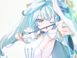 Rule 34 | 1girl, aqua eyes, aqua hair, armpits, arrow (projectile), backlighting, bow (weapon), breasts, clothing cutout, commentary request, drawing bow, faruzan (genshin impact), foreshortening, genshin impact, highres, holding, holding arrow, holding bow (weapon), holding weapon, long hair, medium breasts, one eye closed, open mouth, shoulder cutout, sideboob, simple background, solo, symbol-shaped pupils, triangle-shaped pupils, upper body, ura (hamburg oniku), weapon, white background