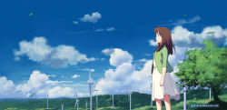 Rule 34 | 1girl, blue sky, blush, brown hair, closed mouth, cloud, copyright request, day, isai shizuka, leaf, looking away, medium hair, mountainous horizon, outdoors, scenery, sky, smile, solo, standing, tree, wind turbine, windmill