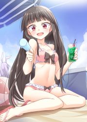 Rule 34 | 2girls, :d, animal ears, bad id, bad pixiv id, ball, beach umbrella, beachball, bikini, black bow, black hair, blue sky, blunt bangs, blush, bow, breasts, cherry, cloud, collarbone, commentary request, cooler, cup, day, drinking glass, food, frills, from behind, fruit, groin, hands up, highres, holding, holding cup, holding food, houraisan kaguya, ice, ice cube, ina (inadahime), long hair, looking at viewer, medium breasts, multiple girls, nail polish, navel, open mouth, outdoors, partial commentary, pink bikini, pink footwear, pink nails, popsicle, purple hair, rabbit ears, red eyes, reisen udongein inaba, sandals, shadow, sitting, sky, smile, stomach, swimsuit, thighs, touhou, umbrella, very long hair, white bow, yokozuwari