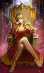 Rule 34 | 1girl, absurdres, anklet, bare shoulders, barefoot, barefoot sandals (jewelry), blonde hair, blue eyes, braid, breasts, cleavage, crossed legs, dress, fate/stay night, fate (series), feet, gender request, genderswap, gilgamesh (fate), highres, hq19910119, jewelry, large breasts, legs, lips, long hair, lots of jewelry, mole, sitting, smile, solo, throne