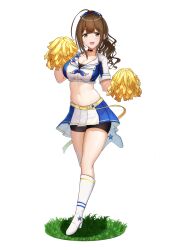 Rule 34 | :d, ahoge, aiban, bike shorts, bike shorts under skirt, black choker, blue skirt, boots, breasts, brown eyes, brown hair, cheerleader, choker, cleavage, collarbone, commentary request, crop top, grass, highres, holding, holding pom poms, idolmaster, idolmaster shiny colors, knee boots, kuwayama chiyuki, long hair, medium breasts, navel, open mouth, pleated skirt, pom pom (cheerleading), pom poms, shirt, simple background, skirt, smile, standing, standing on one leg, stomach, two-tone skirt, white background, white footwear, white shirt, white skirt