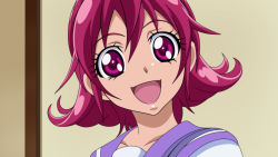 Rule 34 | 1girl, :d, aida mana, anime coloring, collarbone, damascus (dearigazu2001), dokidoki! precure, hair between eyes, highres, looking at viewer, open mouth, portrait, precure, purple sailor collar, red eyes, red hair, sailor collar, sailor shirt, shirt, short hair, smile, solo