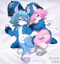 2girls animal_ears animal_nose bed_sheet blathine_(genshin_impact) blue_fur blue_hair blue_hat blush coat fang flong full_body furry genshin_impact hair_between_eyes hat highres looking_at_viewer lying melusine_(genshin_impact) menthe_(genshin_impact) multiple_girls navel on_back on_bed open_mouth pink_fur pink_hair purple_eyes short_hair sleeve_cuffs smile snout tail two-tone_fur white_fur wings