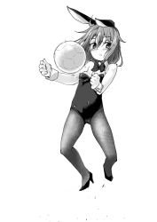 Rule 34 | 1girl, :o, ahoge, animal ears, ball, bare shoulders, bouncing breasts, bow, bowtie, breasts, cleavage, covered navel, detached collar, fake animal ears, full body, gluteal fold, greyscale, high heels, idolmaster, idolmaster cinderella girls, isshitaira, leaning back, leotard, looking at viewer, monochrome, open mouth, pantyhose, playboy bunny, rabbit ears, rabbit tail, short hair, simple background, small breasts, soccer, soccer ball, solo, strapless, strapless leotard, tail, white background, wrist cuffs, yuuki haru
