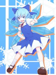 Rule 34 | 1girl, black footwear, blue background, blue bow, blue dress, blue eyes, blue hair, bow, cirno, commentary, commentary request, detached wings, dress, fang, full body, hair bow, highres, ice, ice wings, kakone, looking at viewer, open mouth, pointing, shirt, short sleeves, skin fang, smile, snowflakes, socks, solo, touhou, undershirt, white shirt, white socks, wings