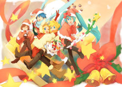 Rule 34 | 2boys, 3girls, alcohol, aqua hair, bell, blonde hair, blue eyes, blue hair, blue scarf, boots, bottle, brown hair, cake, christmas, detached sleeves, food, hat, hatsune miku, kagamine len, kagamine rin, kaito (vocaloid), meiko (vocaloid), mitosa, multiple boys, multiple girls, necktie, one eye closed, pastry, santa costume, scarf, short hair, shorts, smile, thighhighs, twintails, vocaloid, wine, wink