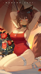 Rule 34 | 1girl, absurdres, angelina (arknights), angelina (summer flower) (arknights), animal ears, arknights, arms behind head, arms up, bahao diqiu, beach umbrella, black choker, blush, breasts, brown hair, choker, closed mouth, commentary, cup, drinking straw, flower, fox ears, fox girl, fox tail, full body, hair ornament, highres, jewelry, large breasts, long hair, looking at viewer, necklace, official alternate costume, one-piece swimsuit, orange eyes, outdoors, red flower, red one-piece swimsuit, sandals, seiza, sitting, smile, solo, sweat, swimsuit, tail, thigh strap, tropical drink, twilight, umbrella, white footwear