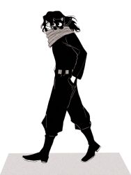 Rule 34 | 1boy, belt, boku no hero academia, chococat, closed mouth, eraser head (boku no hero academia), facial hair, facing ahead, from side, full body, hand in pocket, jumpsuit, long hair, male focus, messy hair, monochrome, mustache, rnuyvm, scarf, walking