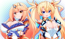 Rule 34 | 2girls, bare shoulders, blonde hair, blue background, blue eyes, bradamante (fate), bradamante (fate) (cosplay), bradamante (second ascension) (fate), breast hold, breasts, cleavage, cosplay, costume switch, creator connection, crossover, elbow gloves, fate/grand order, fate (series), gloves, large breasts, long hair, multiple girls, mythra (xenoblade), mythra (xenoblade) (cosplay), nintendo, oborotsuki kakeru, open mouth, simple background, smile, twintails, very long hair, white background, xenoblade chronicles (series), xenoblade chronicles 2, yellow eyes