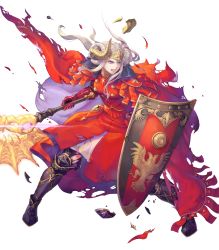 Rule 34 | 1girl, armor, armored boots, axe, aymr (fire emblem), boots, cape, double bun, edelgard von hresvelg, fire emblem, fire emblem: three houses, fire emblem heroes, full body, gloves, haccan, highres, horns, injury, long hair, nintendo, official art, purple eyes, shield, solo, teeth, torn clothes, transparent background, white hair