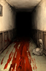 Rule 34 | blood, blood trail, creepy, dark, darkness, doll, hallway, highres, horror (theme), kankan33333, no humans, painting (object), resident evil, resident evil village, umbilical cord