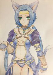 Rule 34 | 1girl, animal ears, blue hair, blush, breasts, cat ears, cat tail, closed mouth, green eyes, higemaccho, highres, long hair, looking at viewer, low twintails, medium breasts, meracle chamlotte, navel, simple background, solo, star ocean, star ocean the last hope, tail, twintails, white background