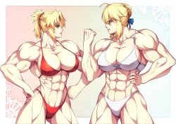 Rule 34 | 2girls, abs, artoria pendragon (fate), baldwinsteiner, biceps, bikini, blonde hair, braid, breasts, fate/grand order, fate (series), green eyes, hair ornament, highres, large breasts, long hair, mordred (fate), mother and daughter, multiple girls, muscular, muscular female, ponytail, scrunchie, swimsuit
