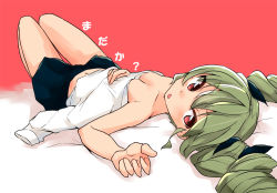 Rule 34 | 1girl, :o, anchovy (girls und panzer), anzio school uniform, barashiya, black ribbon, black skirt, blush, commentary, covering privates, covering breasts, dress shirt, drill hair, girls und panzer, green hair, hair ribbon, hand on own stomach, holding, holding clothes, holding shirt, light blush, long hair, long sleeves, looking at viewer, looking back, lying, miniskirt, navel, on back, open mouth, pleated skirt, red background, red eyes, ribbon, school uniform, shadow, shirt, unworn shirt, skirt, solo, translated, twin drills, twintails, white shirt
