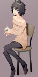 Rule 34 | 1boy, absurdres, androgynous, bags under eyes, black hair, blue eyes, chair, coffee, coffee mug, cup, highres, holding, indie virtual youtuber, kushizaki (vtuber), male focus, mug, off shoulder, original, shoes, short hair, simple background, sitting, solo, st (youx1119), starbucks, sweater, trap, virtual youtuber