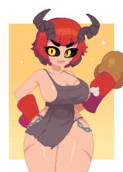Rule 34 | 1girl, apron, black sclera, blunt bangs, blush, boned meat, border, breasts, character request, cleavage, colored sclera, commentary, copyright request, dithering, english commentary, fang, food, gloves, highres, holding, holding food, horns, large breasts, looking at viewer, meat, medium hair, minimilieu, naked apron, open mouth, outside border, pixel art, red gloves, red hair, solo, sparkle, thick eyebrows, thick thighs, thighs, white border, yellow background, yellow eyes