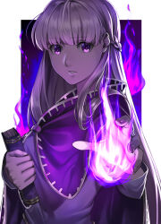 Rule 34 | 1girl, blue dress, book, braid, cape, cloak, delsaber, dress, female focus, fire, fire emblem, fire emblem: the binding blade, french braid, highres, holding, holding book, long hair, long sleeves, looking at viewer, nintendo, purple eyes, purple fire, purple hair, simple background, solo, sophia (fire emblem), very long hair, white background