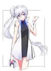 Rule 34 | blue eyes, controller, dualsense, earrings, game console, game controller, highres, iesupa, jewelry, long hair, personification, playstation 5, playstation controller, ponytail, rwby, scar, scar across eye, scar on face, side ponytail, solo, sony, two-tone, weiss schnee, white hair
