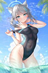 Rule 34 | 1girl, animal ear fluff, animal ears, blue archive, blue halo, blue sky, breasts, bright pupils, cloud, competition swimsuit, contrapposto, covered navel, day, extra ears, gluteal fold, grey hair, halo, highleg, highleg swimsuit, highres, kep (ahokep), medium breasts, mismatched pupils, ocean, official alternate costume, one-piece swimsuit, outdoors, partially submerged, revision, shiroko (blue archive), shiroko (swimsuit) (blue archive), sky, smile, solo, swimsuit, thighs, twintails, wet, white pupils, wolf ears