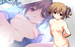 Rule 34 | 10s, 1girl, breasts, brown hair, fumio (ura fmo), grisaia (series), grisaia no kajitsu, highres, irisu makina, navel, nipples, nude, open mouth, out-of-frame censoring, purple eyes, short hair, small breasts