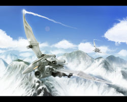 Rule 34 | cloud, day, flying, letterboxed, m spark, mecha, mountain, no humans, realistic, robot, storm sworder, zoids
