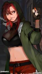 Rule 34 | 1girl, absurdres, adriana rivera, bags under eyes, belt, black gloves, black survival, breasts, building, cleavage, cowboy shot, crazy smile, crop top, empty eyes, fire, gloves, green jacket, grey eyes, grin, hair between eyes, halterneck, hand up, highres, holding, holding lighter, hood, hood up, hooded jacket, jacket, large breasts, lighter, long hair, looking at viewer, midriff, navel, official alternate costume, open clothes, open jacket, pipe in mouth, red hair, red shorts, short shorts, shorts, smile, smoke, smoking pipe, solo, teeth, twitter username, user jkdf2484, zippo lighter