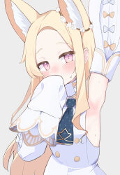 Rule 34 | 1girl, absurdres, animal ear fluff, animal ears, arm up, armpits, bare shoulders, blonde hair, blue archive, blush, detached sleeves, dress, fox ears, grey background, highres, long hair, looking at viewer, seia (blue archive), shiroron mochi, simple background, sleeves past fingers, sleeves past wrists, solo, upper body, white dress, yellow eyes