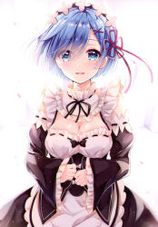 Rule 34 | 1girl, absurdres, blue eyes, blue hair, blush, bow, bowtie, breasts, cleavage, detached collar, detached sleeves, dress, frilled dress, frills, hair ornament, hair over one eye, highres, looking at viewer, maid, medium breasts, open mouth, petals, re:zero kara hajimeru isekai seikatsu, rem (re:zero), sakura hiyori, scan, shiny skin, short hair, simple background, smile, solo, upper body, white background, wide sleeves, x hair ornament