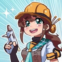 blue_eyes blush brown_hair engineer_(factorio) factorio fingerless_gloves gloves glue_gun glue_stick hrusa mining_helmet open_mouth ponytail suspenders turtleneck