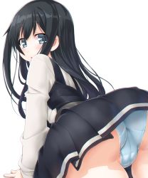 Rule 34 | 1girl, arm support, asashio (kancolle), ass, black hair, blue eyes, blue panties, blush, cameltoe, cleft of venus, dd (ijigendd), dress, hair between eyes, highres, impossible clothes, impossible underwear, kantai collection, long hair, long sleeves, looking at viewer, looking back, open mouth, panties, pinafore dress, school uniform, shirt, simple background, sleeveless, sleeveless dress, solo, underwear, white background, white shirt