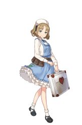 Rule 34 | 1girl, armband, belt pouch, black footwear, blue eyes, blue skirt, briefcase, frilled skirt, frills, full body, hat, heart, highres, looking at viewer, maria florence, medium hair, nurse cap, official art, parted bangs, pouch, princess principal, princess principal game of mission, shoes, skirt, solo, standing, test tube, transparent background, vial, white legwear