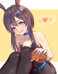 Rule 34 | 1girl, amiya (arknights), animal ears, arknights, bare arms, bare shoulders, black pantyhose, blue eyes, blush, breasts, brown hair, cleavage, collarbone, commentary request, fake animal ears, food, hair between eyes, heart, highres, holding, holding food, leotard, long hair, looking at viewer, pantyhose, playboy bunny, rabbit ears, sitting, small breasts, solo, tongue, tongue out, wangxiii