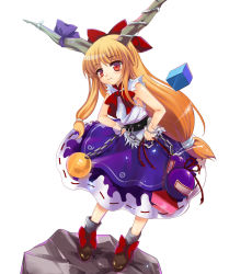 Rule 34 | 1girl, ball, belt, black belt, black socks, bow, bowtie, brown footwear, buttons, chain, closed mouth, cube, female focus, flat chest, footwear bow, gourd, grey socks, hair bow, hands on own hips, horn ornament, horn ribbon, horns, ibuki suika, kumao mofumofu, long hair, looking at viewer, low-tied long hair, orange hair, purple ribbon, red bow, red bowtie, red eyes, ribbon, shirt, shoes, simple background, skirt, sleeveless, sleeveless shirt, socks, solo, touhou, white background, white shirt, wrist cuffs