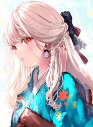 Rule 34 | 1girl, closed mouth, commentary request, earrings, from side, hand in own hair, highres, japanese clothes, jewelry, kimono, light blush, light brown hair, long hair, looking at viewer, original, partial commentary, puracotte, red eyes, sideways glance, solo, standing, tagme, upper body