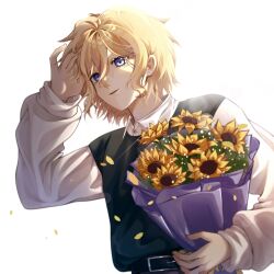 Rule 34 | 1boy, adjusting hair, alternate costume, arm up, basil (faraway) (omori), basil (omori), belt, berry (blu berri), blonde hair, blue eyes, bouquet, closed mouth, collared shirt, flower, green sweater vest, highres, holding, holding bouquet, long sleeves, looking at viewer, omori, shirt, short hair, simple background, smile, solo, sunflower, sweater vest, upper body, wavy hair, white background, white shirt