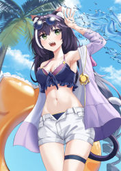 Rule 34 | 1girl, absurdres, animal ear fluff, animal ears, armpits, bare shoulders, bikini, black bikini, black hair, blue sky, blush, breasts, cat ears, cat girl, cat tail, cleavage, cloud, collarbone, commentary request, cowboy shot, day, drill hair, eyewear on head, fang, frilled bikini, frills, green eyes, groin, hair between eyes, hand up, highres, innertube, innertube with ears, jacket, karyl (princess connect!), karyl (summer) (princess connect!), long hair, looking to the side, low twintails, medium breasts, midriff, multicolored hair, nacho (nacho 1103), navel, off-shoulder jacket, off shoulder, open fly, open mouth, outdoors, palm tree, princess connect!, purple jacket, short shorts, shorts, sidelocks, skindentation, sky, solo, standing, streaked hair, sunglasses, swim ring, swimsuit, tail, teeth, thigh strap, tree, twintails, upper teeth only, very long hair, water, white-framed eyewear, white hair, white shorts