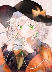 Rule 34 | 1girl, absurdres, bad id, bad pixiv id, blush, commentary request, earrings, frills, green eyes, hair between eyes, hands up, hat, highres, holding, jewelry, komeiji koishi, light particles, light smile, long sleeves, looking at viewer, majamari (style), medium hair, omodaka romu, orange shirt, shirt, silver hair, simple background, solo, third eye, touhou, upper body, wide sleeves