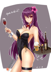 Rule 34 | 1girl, ;), ?, alcohol, alternate costume, bare shoulders, beer, beer mug, black legwear, black leotard, blush, bottle, breasts, cleavage, cocktail, collarbone, contrapposto, covered navel, cup, dated, detached collar, drink, english text, fate/grand order, fate (series), female focus, flower, foam, glass, hair between eyes, hair flower, hair ornament, hibiscus, highleg, highleg leotard, highres, large breasts, legband, leotard, lipstick, long hair, looking at viewer, makeup, midnight (banyex), mug, one eye closed, patreon, patreon username, playboy bunny, playboy bunny, purple hair, red eyes, scathach (fate), scathach (fate), simple background, smile, solo, standing, strapless, strapless leotard, thigh strap, tray, type-moon, very long hair, watermark, web address, wine, wrist cuffs