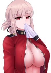 Rule 34 | 1girl, absurdres, black ribbon, braid, breasts, cleavage, fate/grand order, fate (series), florence nightingale (fate), hair ribbon, handkerchief, highres, huge breasts, large breasts, looking at viewer, no bra, open clothes, open shirt, pink hair, red eyes, ribbon, simple background, the only shoe, unbuttoned, upper body, white background, wiping mouth