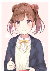 Rule 34 | 1girl, :q, black jacket, blazer, blush, brown eyes, brown hair, closed mouth, collared shirt, commentary request, double bun, dress shirt, food, hair bun, holding, holding food, houraku, idolmaster, idolmaster shiny colors, jacket, long hair, looking at viewer, open clothes, open jacket, pocky, shirt, side bun, smile, solo, sonoda chiyoko, sweater, tongue, tongue out, twintails, white shirt