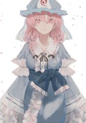 Rule 34 | 1girl, arms at sides, blue dress, cherry blossoms, commentary request, crying, crying with eyes open, dress, frilled dress, frills, hat, highres, kerok (joniko1110), looking at viewer, mob cap, pink eyes, pink hair, raised eyebrows, saigyouji yuyuko, simple background, solo, standing, tears, touhou, upper body, white background, wide sleeves